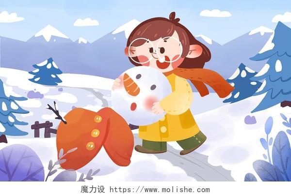 下雪天出门堆雪人的小朋友冻红了耳朵jpg卡通小雪卡通小雪大雪插画